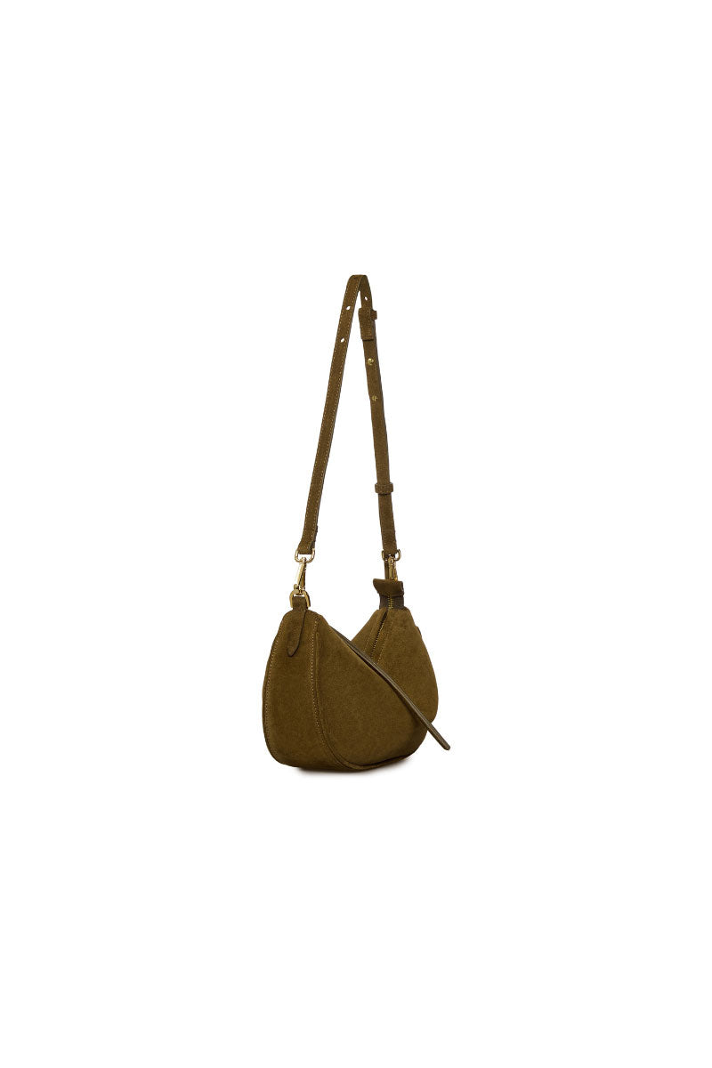 VIKELE STUDIO Denise mini shoulder bag in olive color, featuring a compact design and adjustable strap.