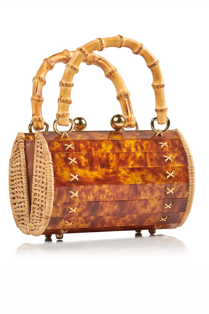 Waiwai Rio ALIX Bambu Bag in Turtle design, a stylish top handle bag made from bamboo with intricate turtle pattern.