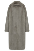 JINSUN oversized shearling coat in brown, featuring a plush collar and relaxed fit, displayed on a hanger against a neutral background.