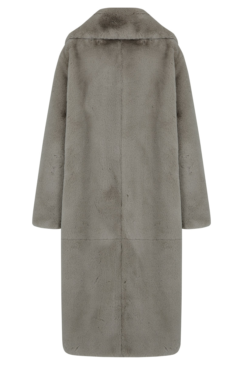 JINSUN oversized shearling coat in brown, featuring a plush collar and relaxed fit, displayed on a hanger against a neutral background.