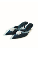 Christin Wu NALA denim kitten heels shown from side, featuring a classic heel and stylish denim material.