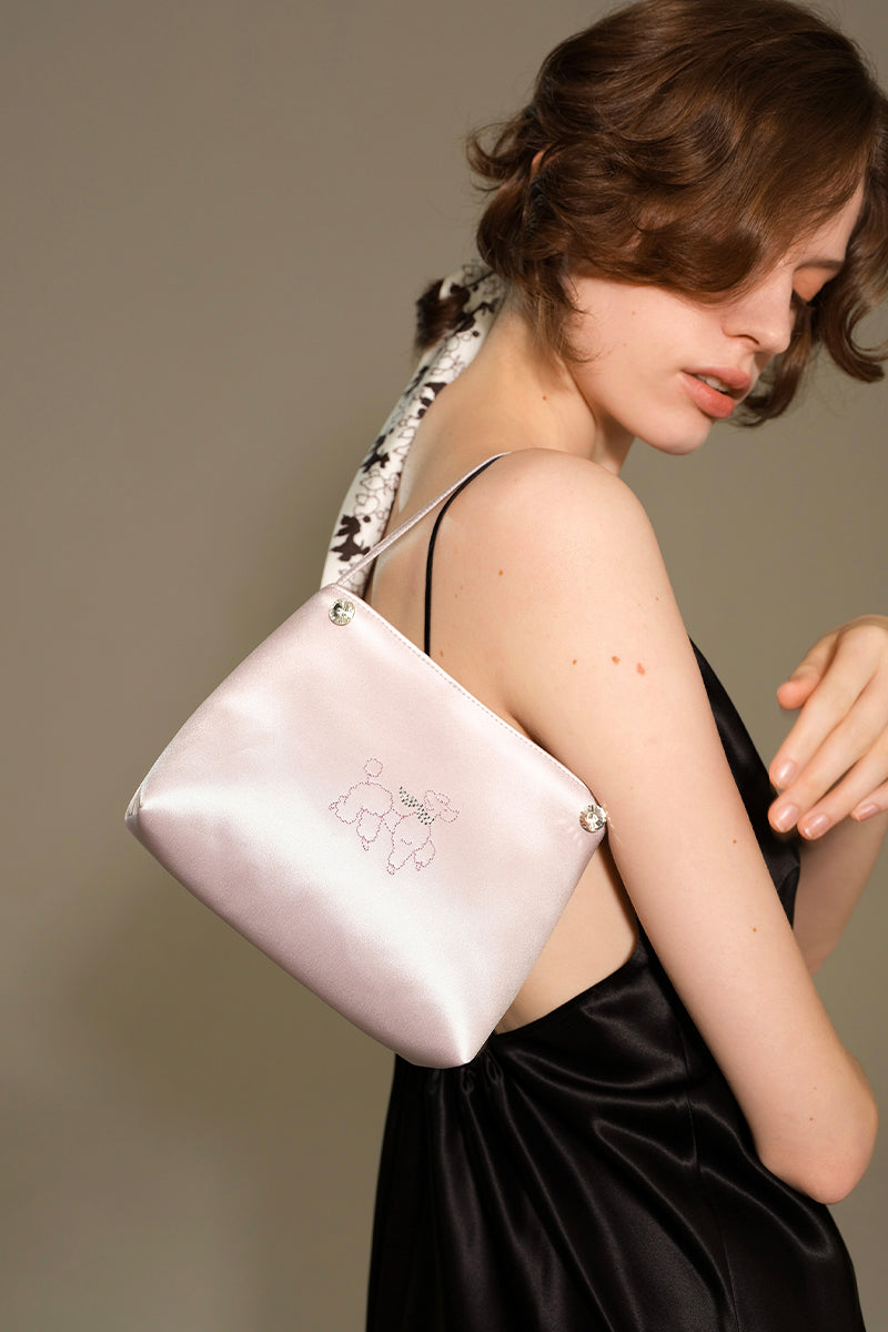 DIAMOND POODLES SILK HANDBAG IN PURPLE - CULT MIA