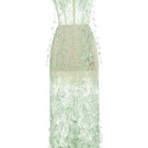 Montsand mint beaded lace pencil gown featuring intricate beaded lace details and a fitted silhouette.