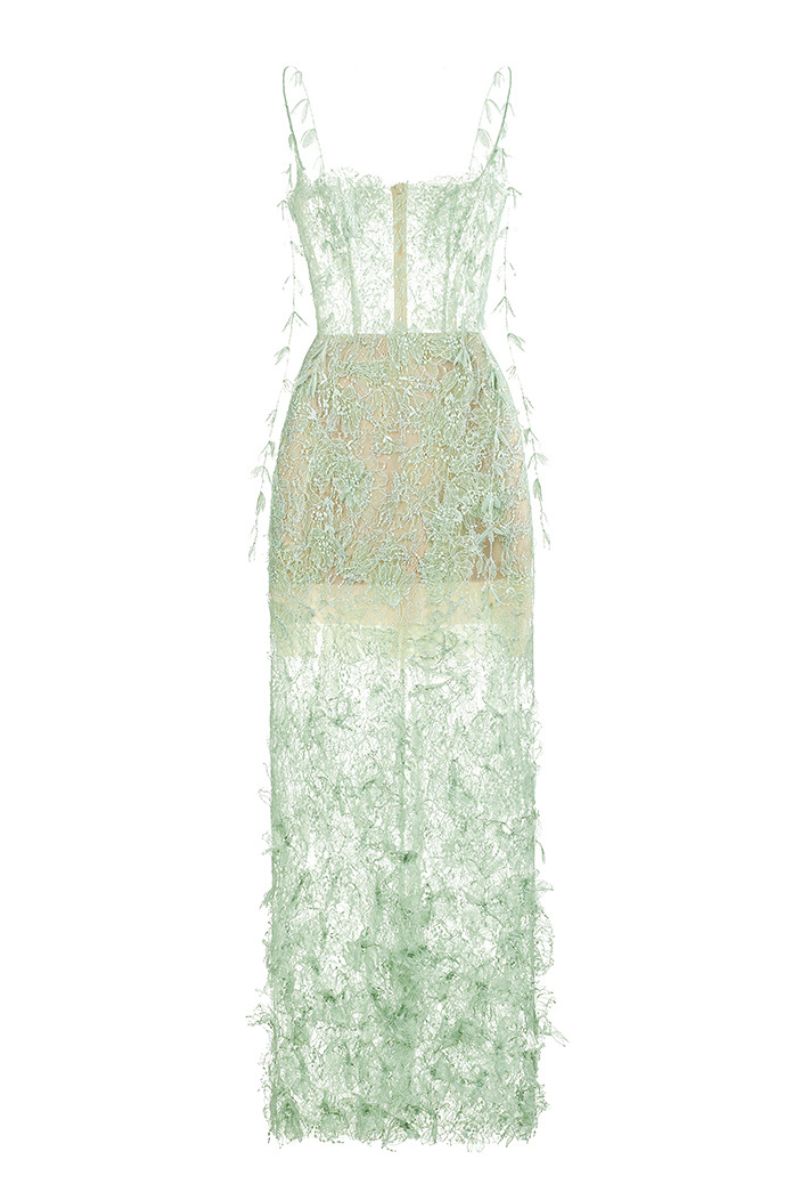 MINT BEADED LACE PENCIL MIDI DRESS