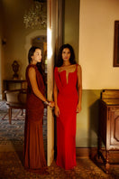 Deme By Gabriella Adriana Red Maxi Dress featuring a flowing silhouette and sleeveless design, perfect for elegant occasions.