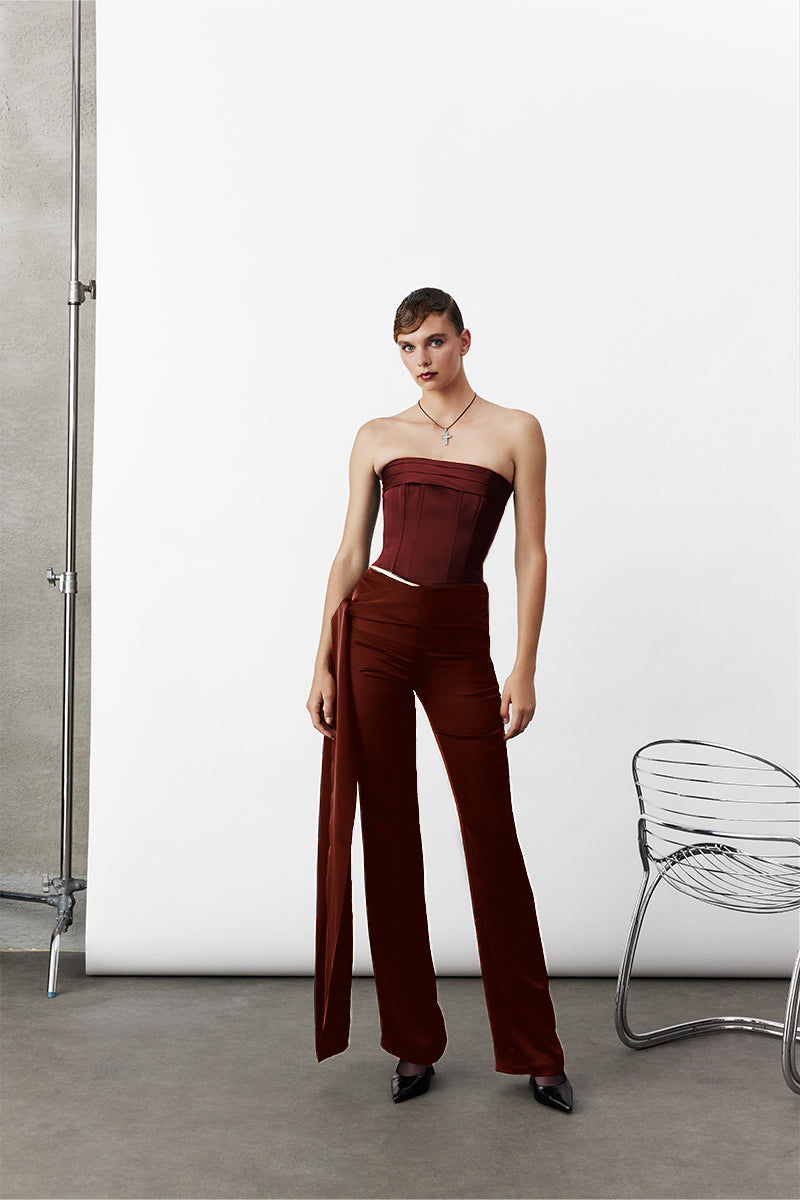 ARCED SATIN TROUSERS IN COPPER BROWN