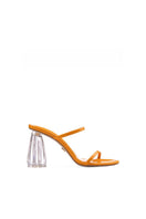 House of Atana Fiorellini orange patent glass mule sandals with pointed toes and sleek design, displayed on a white background.
