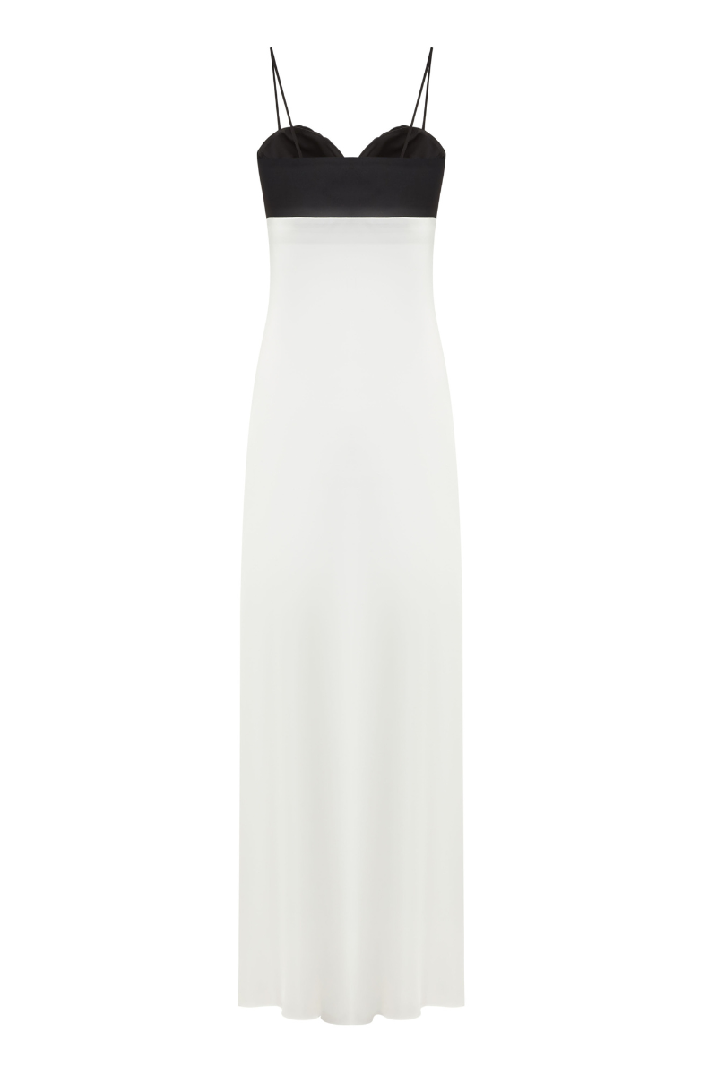 Elegant ivory silk gown with a black top from ELENAREVA, featuring a flowing design and sophisticated style.
