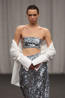 Lili Blanc sequin fitted crop top, sleeveless with shimmering sequins, stylishly designed for a trendy tops look.