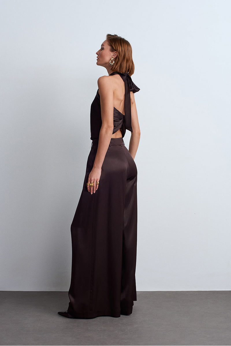 Brown satin Jill top by Acaria Studio, featuring a sleek, smooth fabric and stylish design, perfect for chic casual wear.