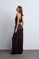 Brown satin Jill top by Acaria Studio, featuring a sleek, smooth fabric and stylish design, perfect for chic casual wear.