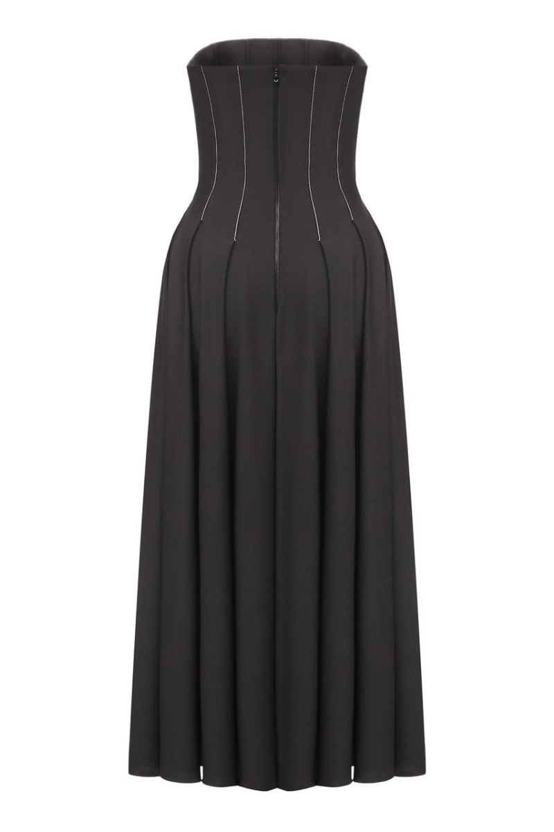 BLACK WOOL CORSET MIDI DRESS WITH WHITE STITCH DETAIL - CULT MIA