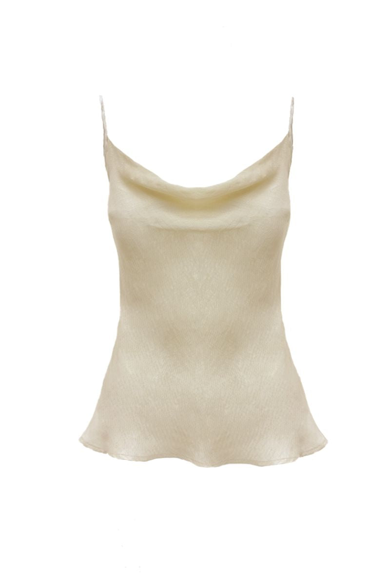NiLuu cream cowl cami top, stylish sleeveless blouse with draped neckline, perfect for casual or dressy occasions.