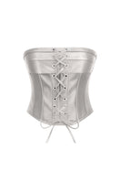 Silver satin Bridget corset top by Nazlı Ceren featuring a fitted design with delicate detailing and structured silhouette.