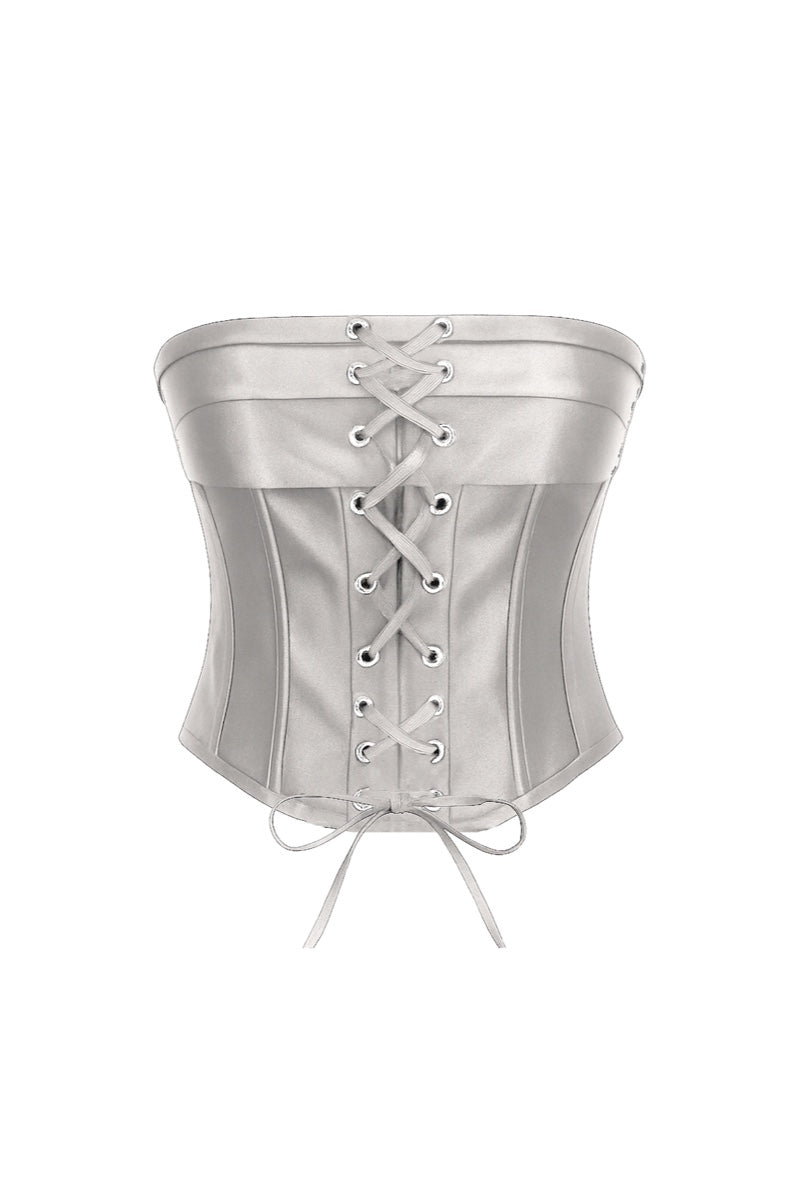 Silver satin Bridget corset top by Nazlı Ceren featuring a fitted design with delicate detailing and structured silhouette.