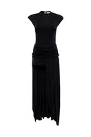 Black SÉLONE SIRA draped open back maxi dress, flowing fabric with a stylish open back design, perfect for elegant occasions.