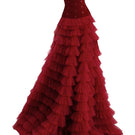Red strapless fit and flare mesh gown by Happy Clothing, featuring a flowing silhouette and elegant design.