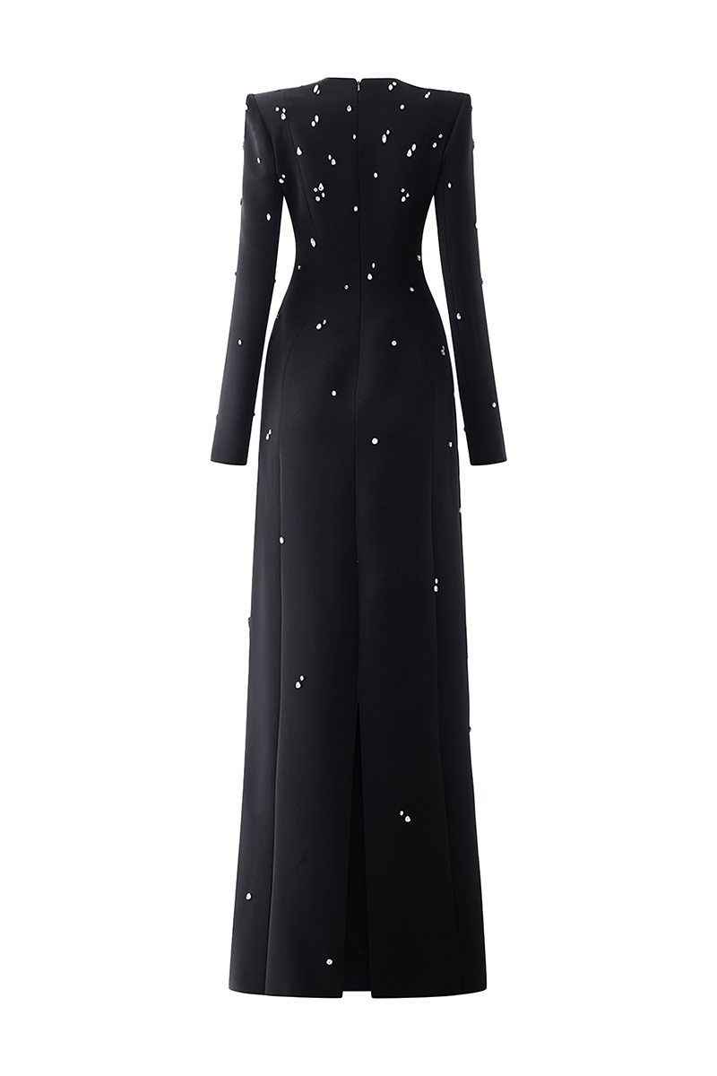 BLACK STONE-EMBELLISHED LONG-SLEEVE GOWN - CULT MIA
