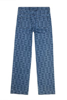 Bassigue laser print straight leg jeans showing the fitted denim with laser detail, classic five-pocket design, and stylish silhouette.