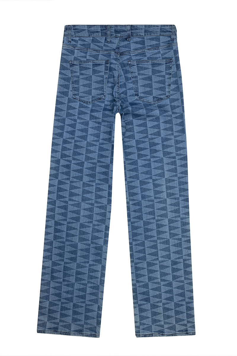 Bassigue laser print straight leg jeans showing the fitted denim with laser detail, classic five-pocket design, and stylish silhouette.