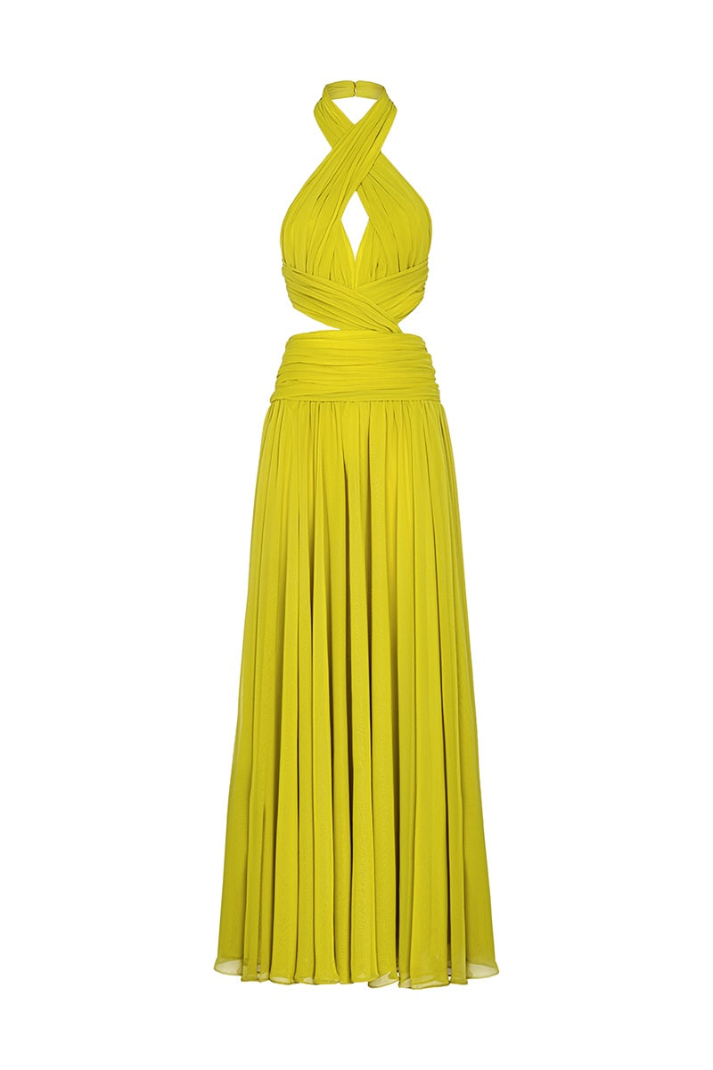 Monika Dimova Lima draped chiffon maxi dress with flowing fabric and elegant design, perfect for formal or summer occasions.