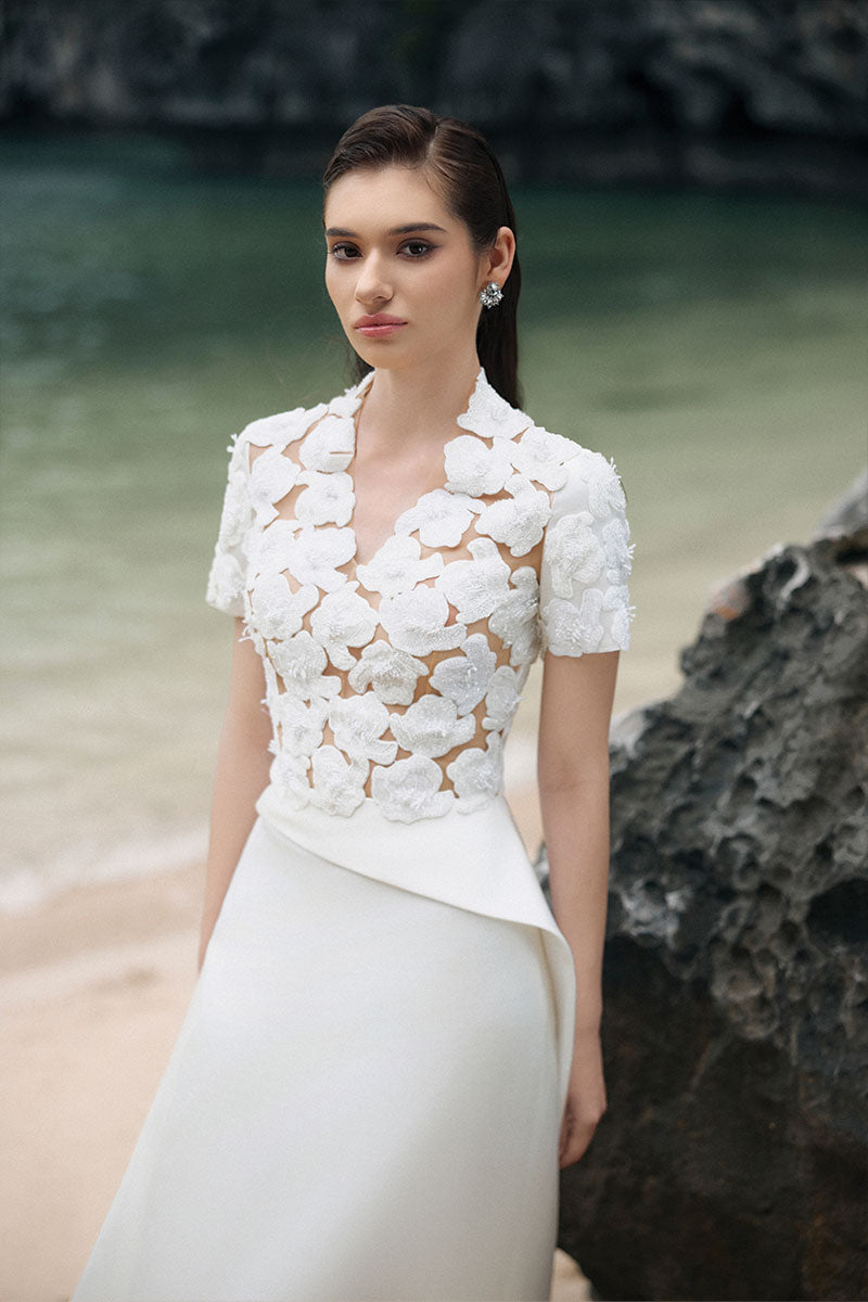White satin taffeta gown by Lune De Soie, elegant formal dress with a flowing silhouette and luxurious fabric.