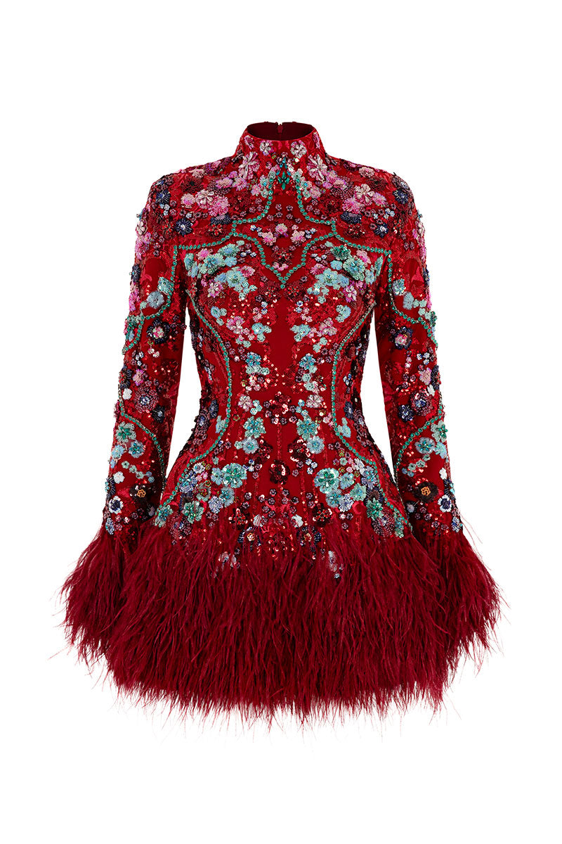 Le Thanh Hoa Ruby Blossom Dress, a vibrant red mini dress with floral details, displayed on a hanger against a neutral background.