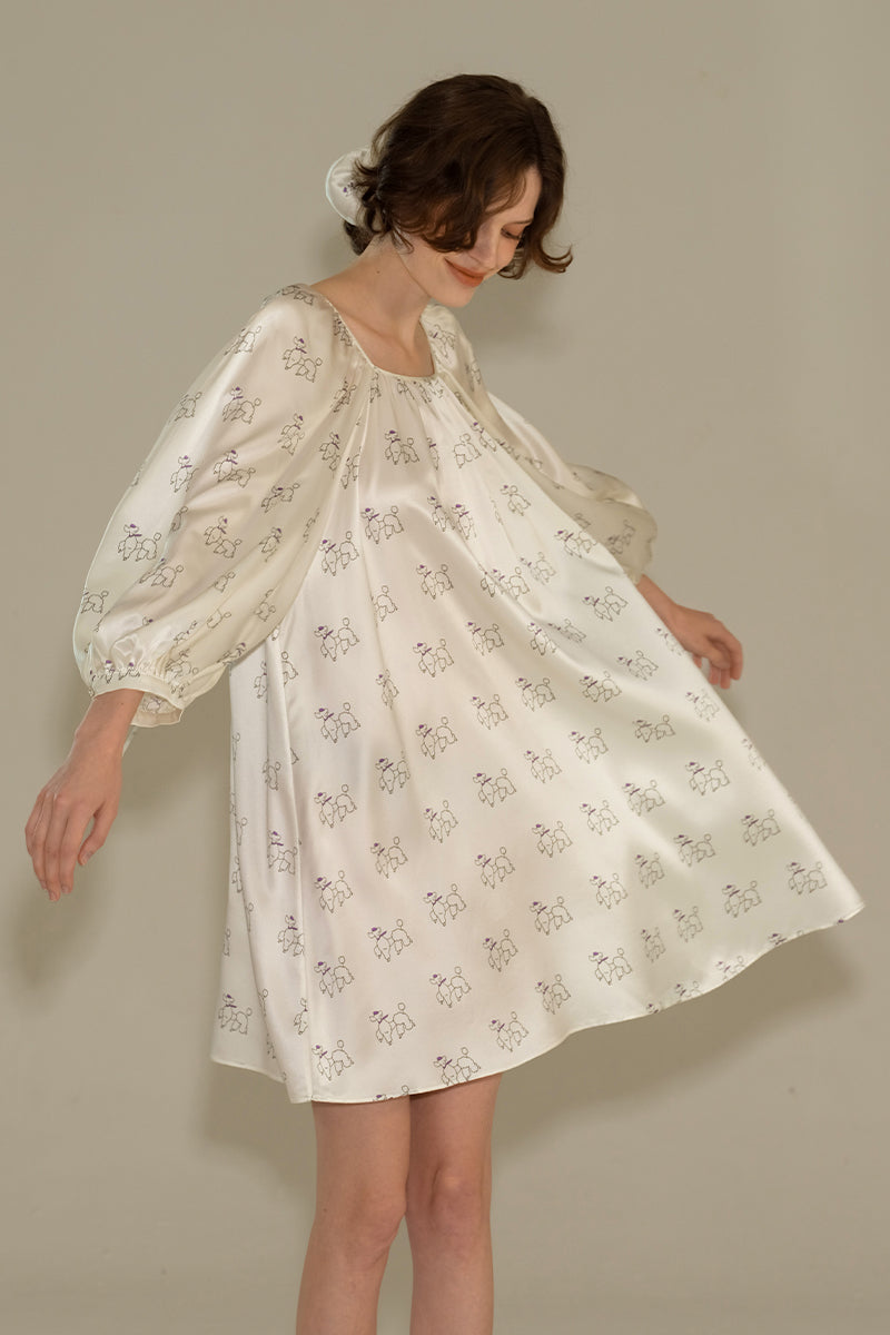 DIAMOND POODLES WHITE SILK PUFF SLEEVE DRESS - CULT MIA