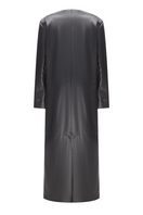 Black faux leather coat by Elenareva, stylish long coat with smooth leather texture and classic lapel collar, front view.