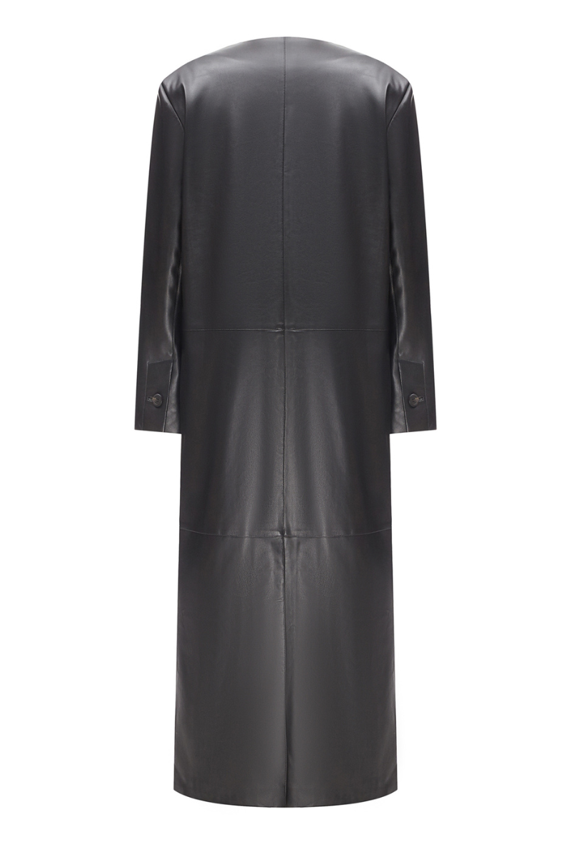 Black faux leather coat by Elenareva, stylish long coat with smooth leather texture and classic lapel collar, front view.