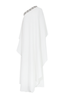 Valenciani beaded neckline asymmetrical cape gown maxi dress with flowing fabric and intricate beadwork on the neckline.