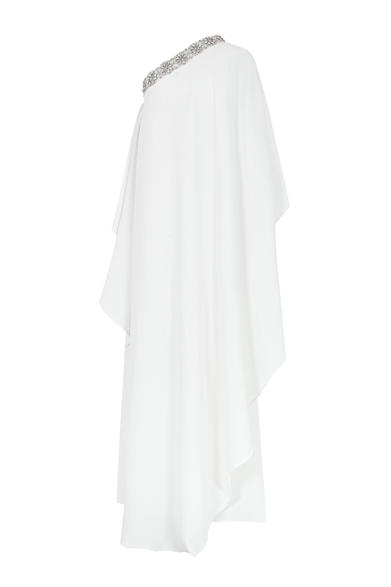Valenciani beaded neckline asymmetrical cape gown maxi dress with flowing fabric and intricate beadwork on the neckline.