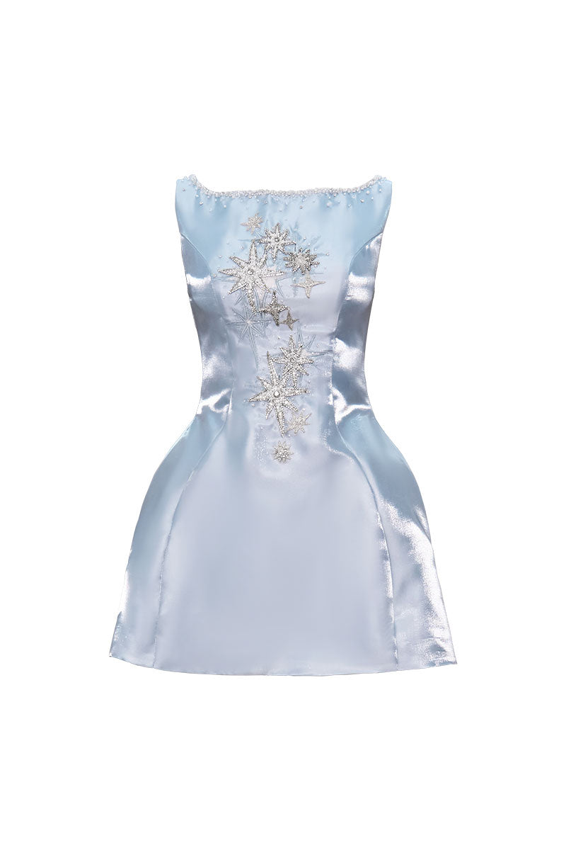 Blue Aurora mini dress by Do Long, featuring a stylish short dress design with vibrant blue fabric and modern silhouette.