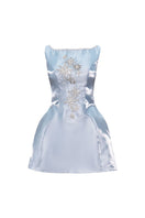 Blue Aurora mini dress by Do Long, stylish short dress with vibrant blue color and fitted silhouette, perfect for fashionable occasions.