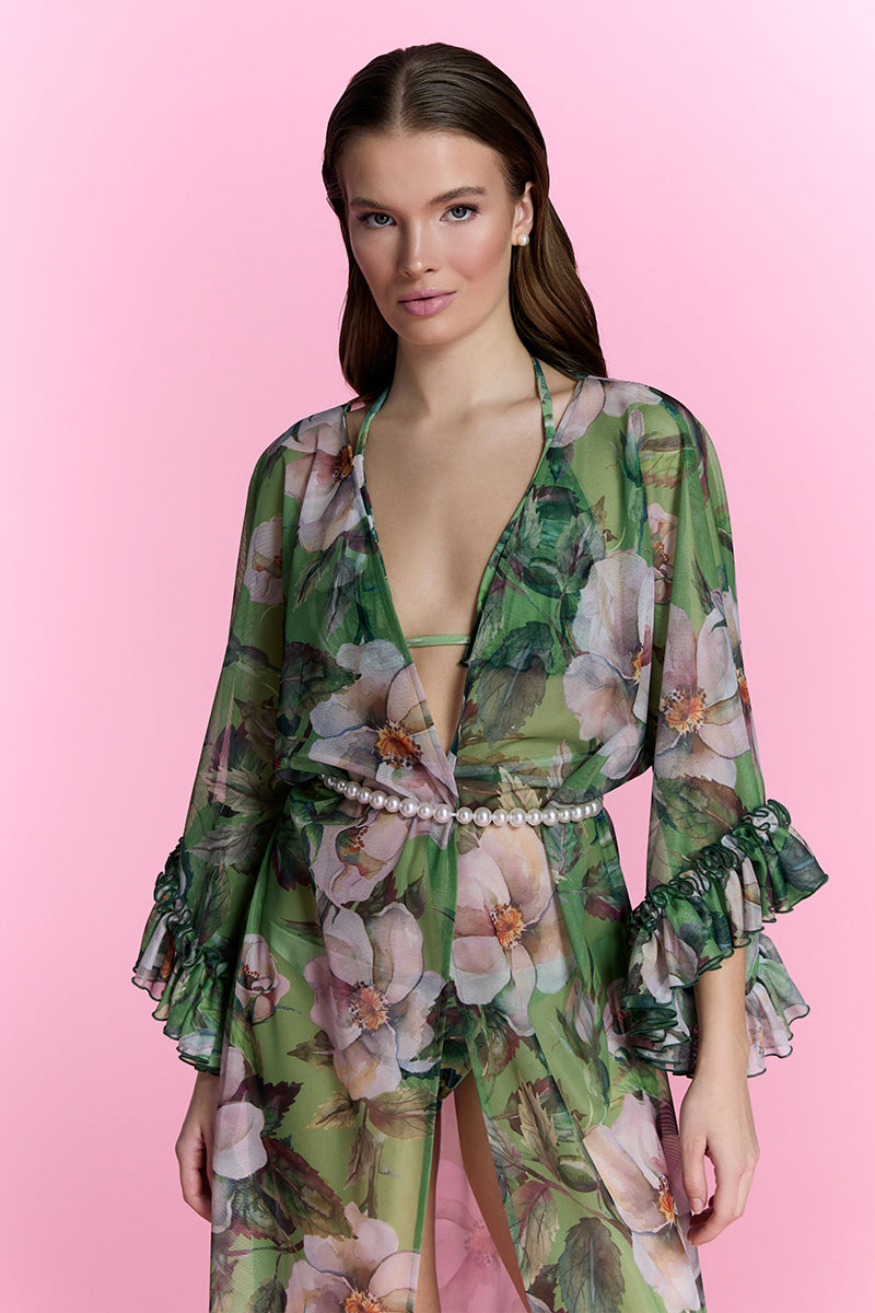 Nur Karaata Havana Glow beach cover-up dress with tropical print, lightweight fabric, and relaxed fit ideal for beachwear.