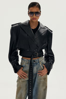LARETAGGIO Novara jacket displayed on a hanger, showcasing its sleek design and fabric details.