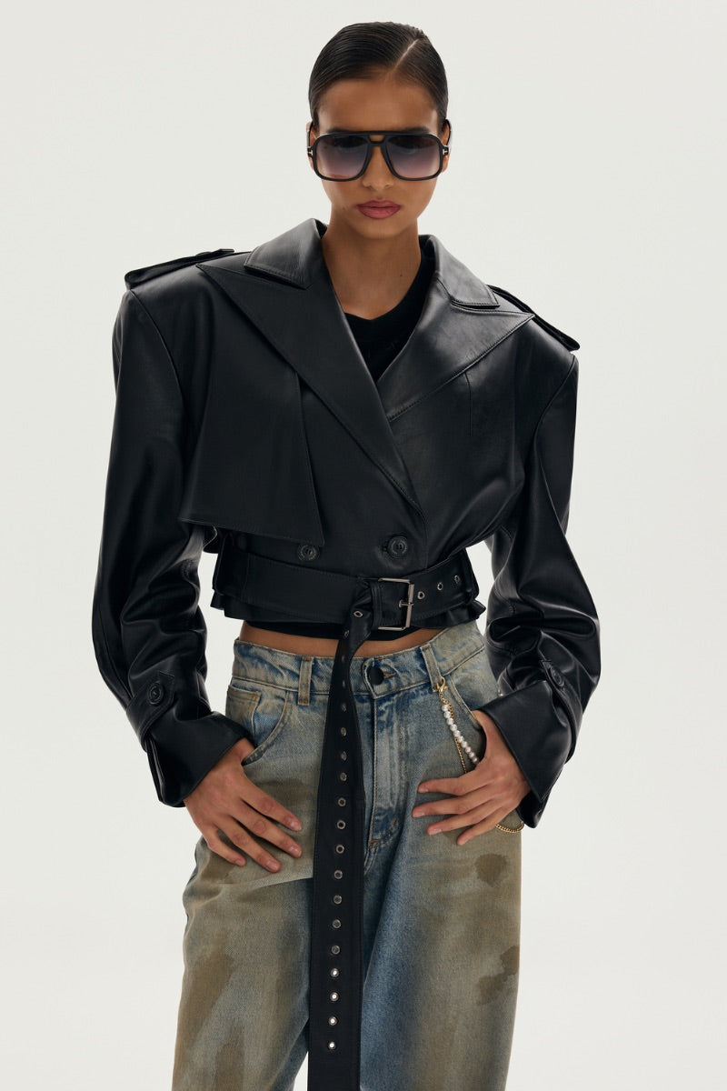 LARETAGGIO Novara jacket displayed on a hanger, showcasing its sleek design and fabric details.