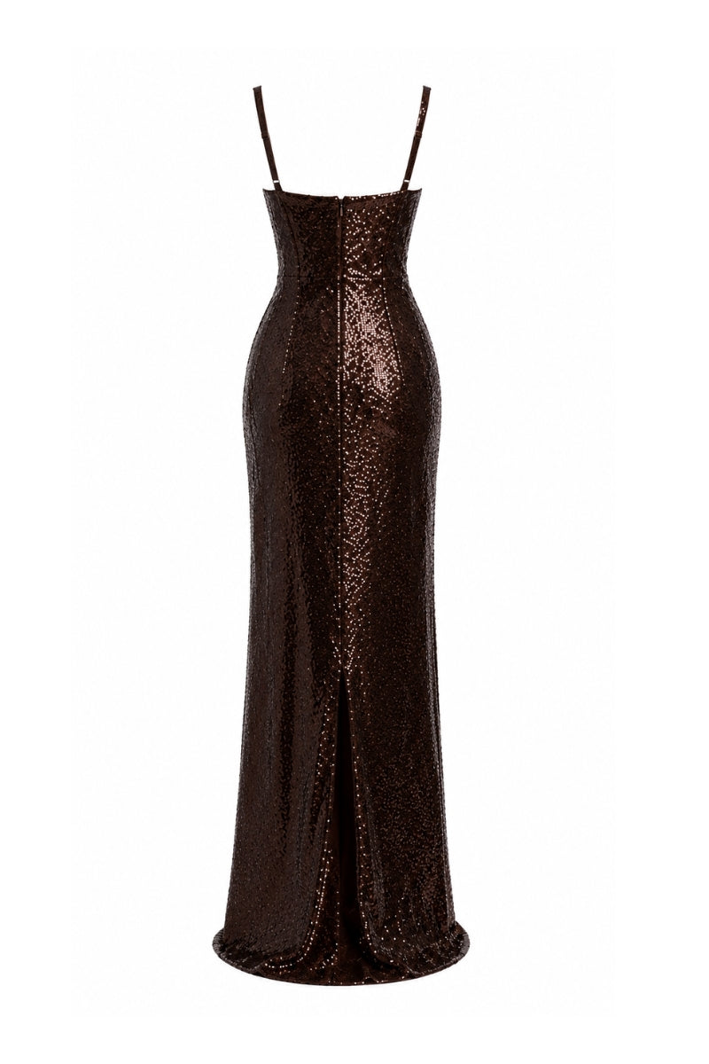 Brown Cocoa ankle-length evening gown by Lili Blanc featuring elegant fabric and a fitted silhouette.