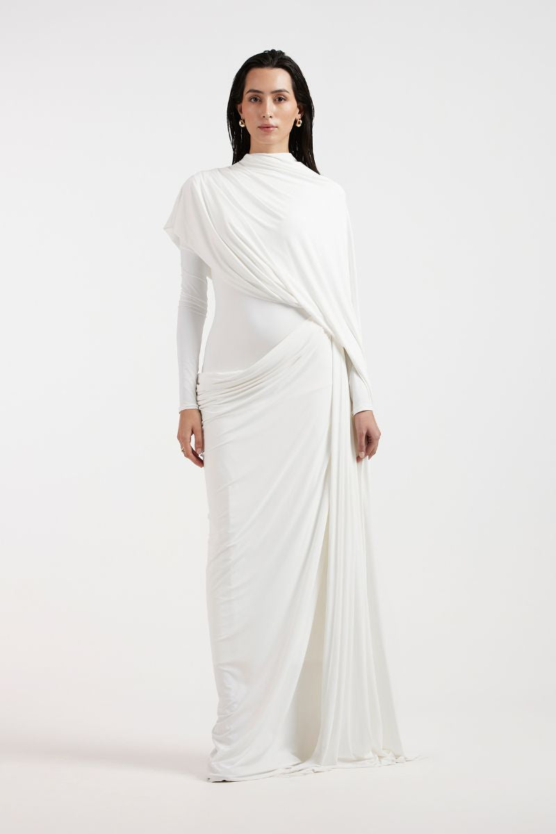 NADIA WHITE DRAPED GOWN - CULT MIA