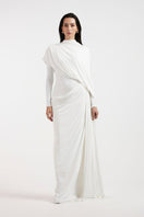 Deme By Gabriella Nadia white draped gown with elegant flowing fabric and sophisticated design, perfect for formal occasions.