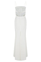 Elegant ivory gown by JINSUN featuring botanical embellishments and a flowing cupro fabric design.