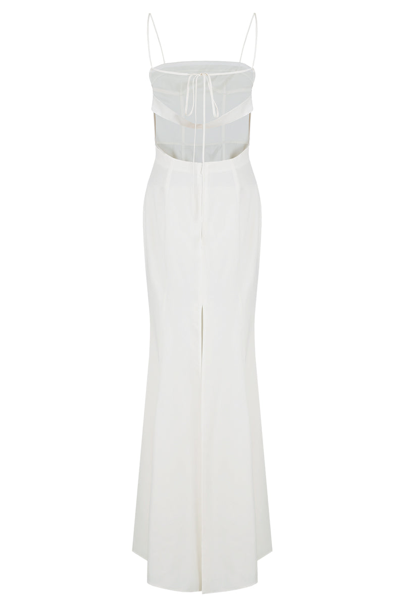 Elegant ivory gown by JINSUN featuring botanical embellishments and a flowing cupro fabric design.