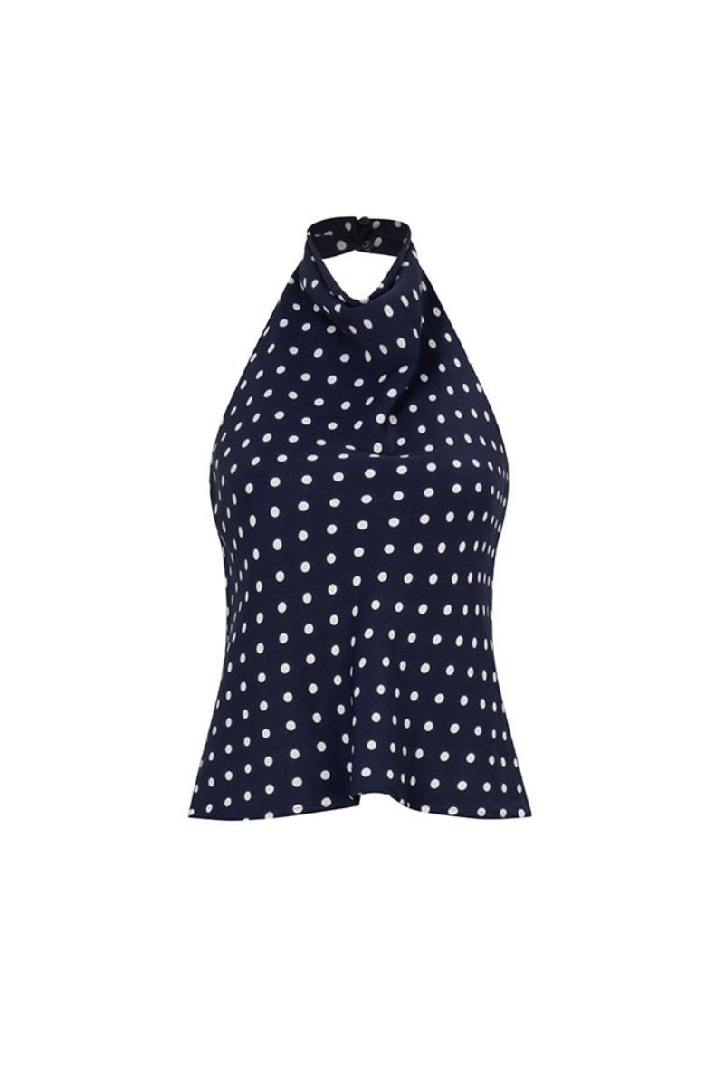 Black halter neck backless top from Valenciani, showing the stylish backless design and fitted halter neckline in a close-up shot.