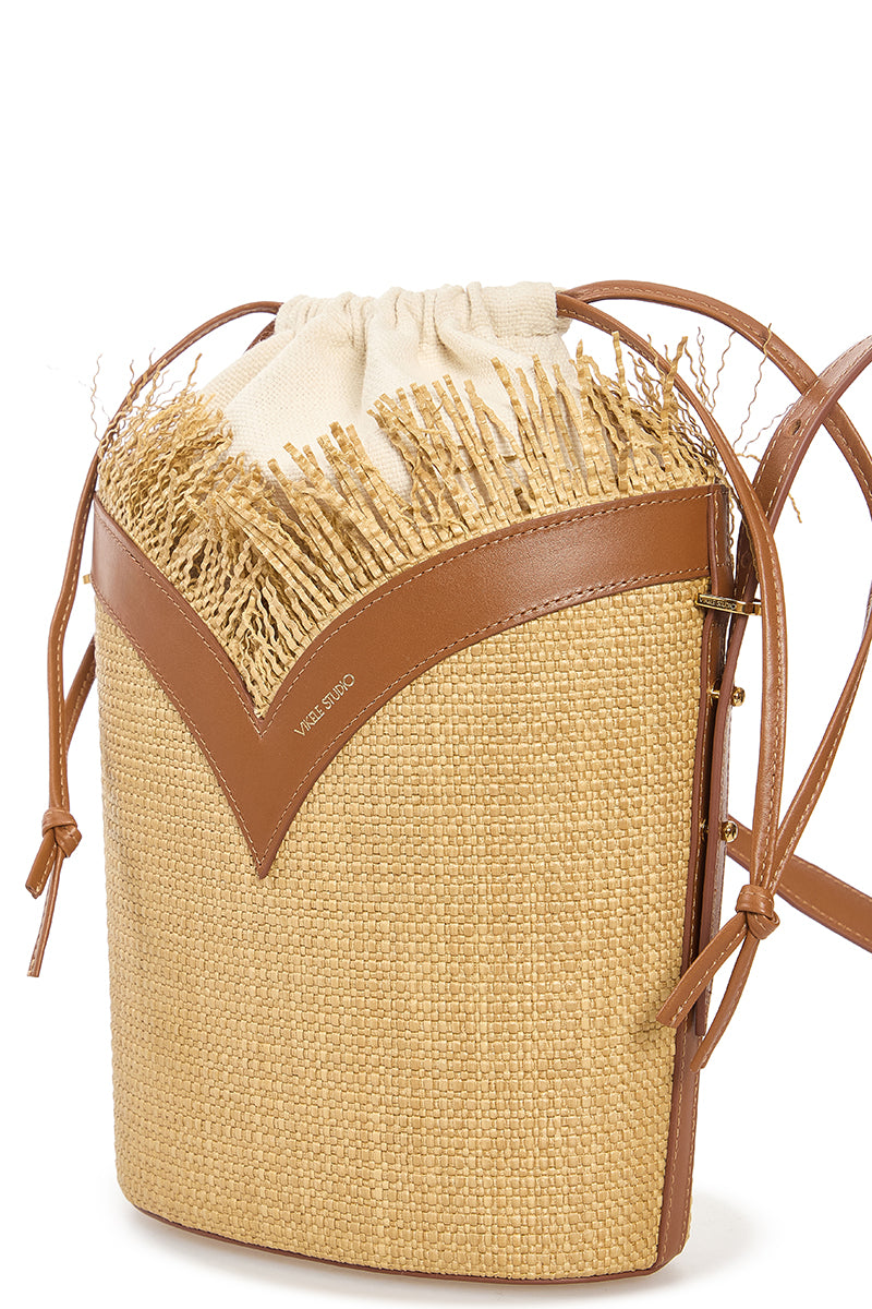 Beige VIKELE STUDIO shoulder bucket bag with adjustable strap and minimalist design, featuring smooth leather texture.