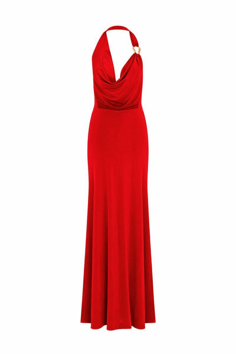 Nazlı Ceren Dakota long jersey maxi dress in vibrant red, flowing fabric with a relaxed fit and elegant design.