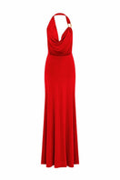 Red Nazlı Ceren Dakota long jersey maxi dress displayed on a model, featuring a flowing, elegant silhouette perfect for casual or formal wear.