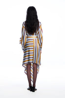 Chictopia silk belted striped midi dress hanging on a wooden hanger, showcasing its elegant design and vibrant pattern.