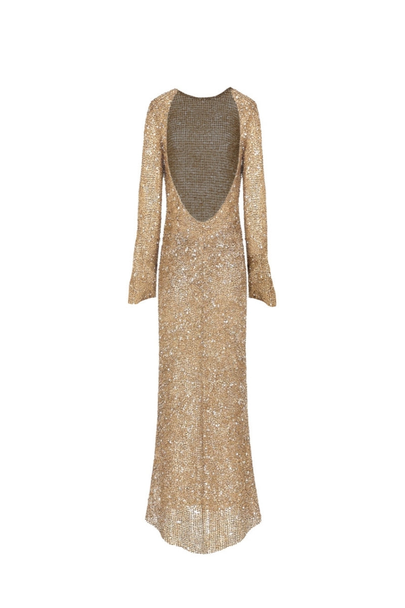 Nazlı Ceren Riona maxi dress in antique bronze, flowing fabric with elegant design, perfect for stylish occasions.