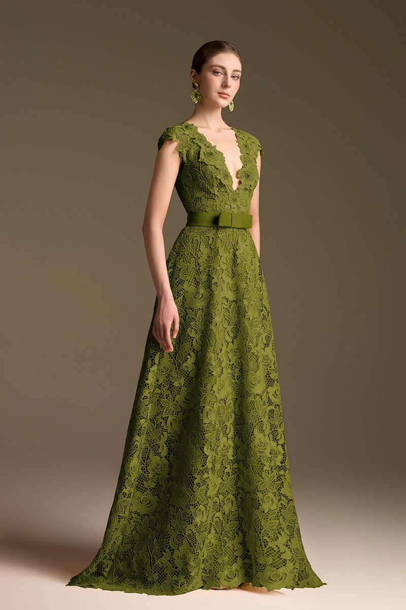 Green lace V-neck A-line gown by I.H.F, featuring intricate lace details and a flowing silhouette.