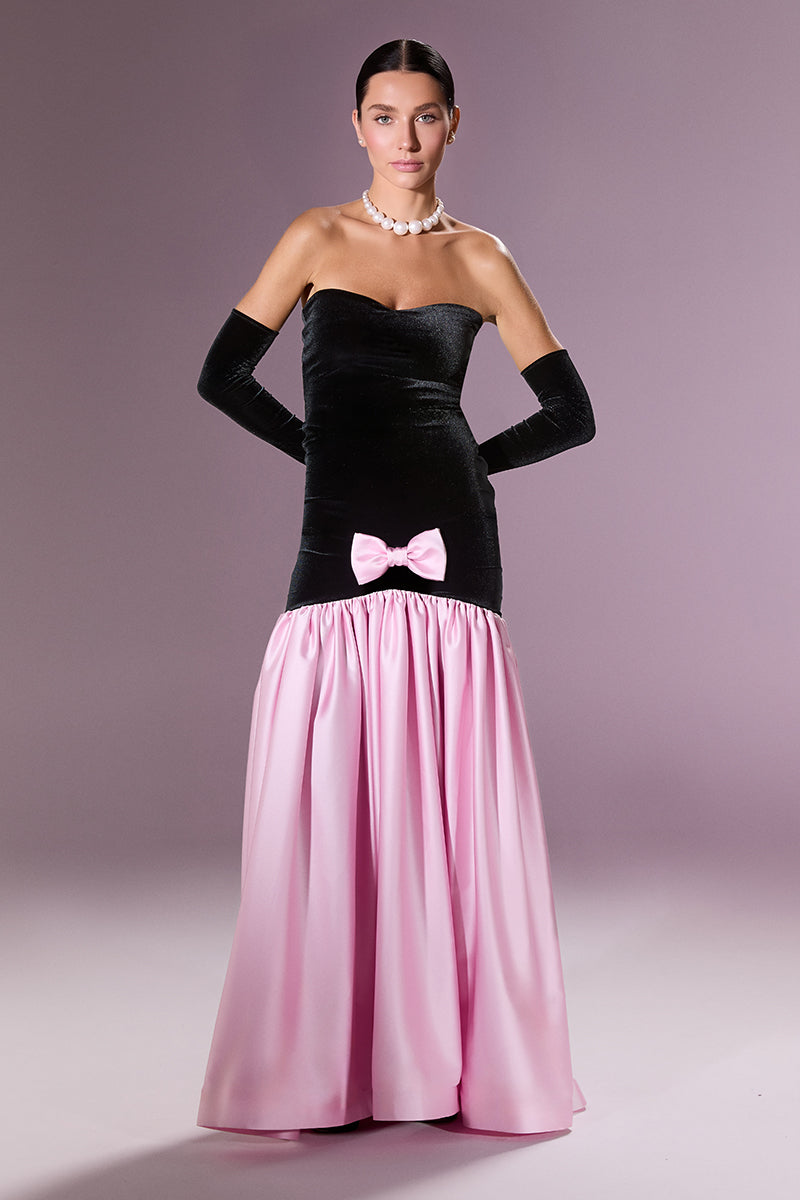 Nur Karaata Marcelline gown displayed on a model, featuring elegant fabric and detailed design for formal occasions.